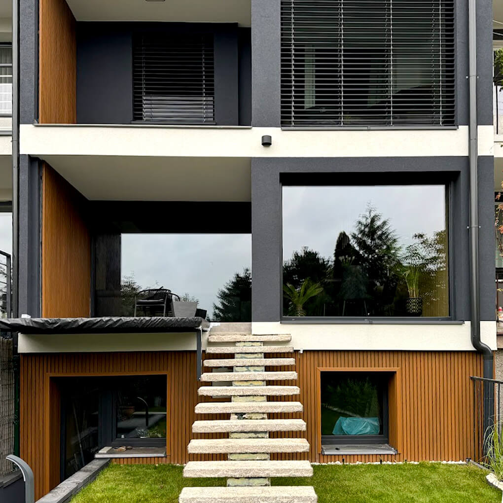 Facade with Amber 3D Louvered Composite Cladding – Modern Elegance