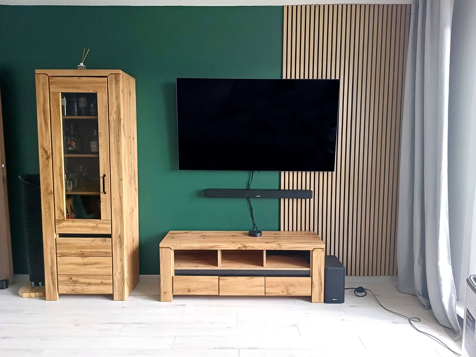 Living Room interior design - acoustic lamella wall panels Sonoma Oak