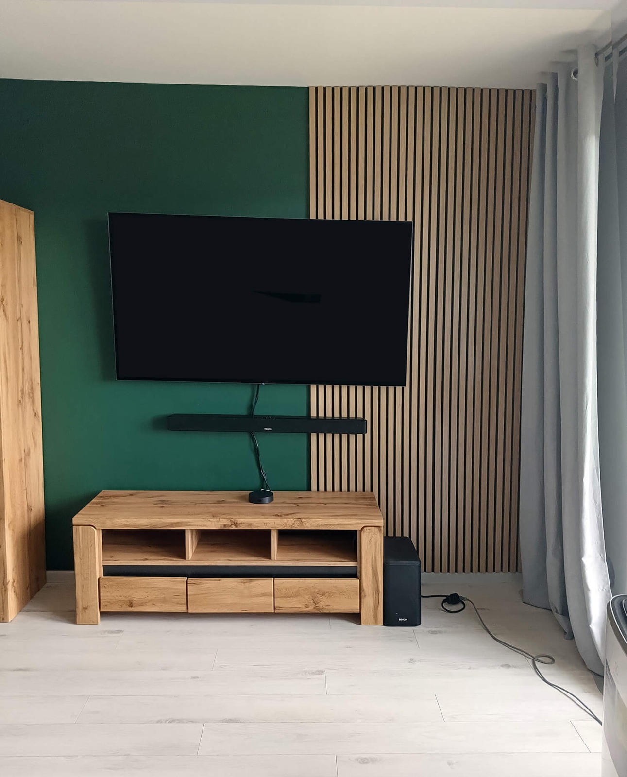 Living Room interior design - acoustic lamella wall panels Sonoma Oak