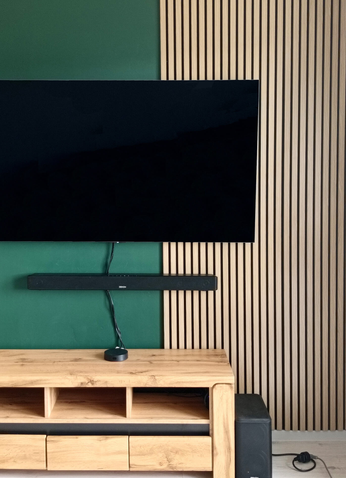 Living Room interior design - acoustic lamella wall panels Sonoma Oak