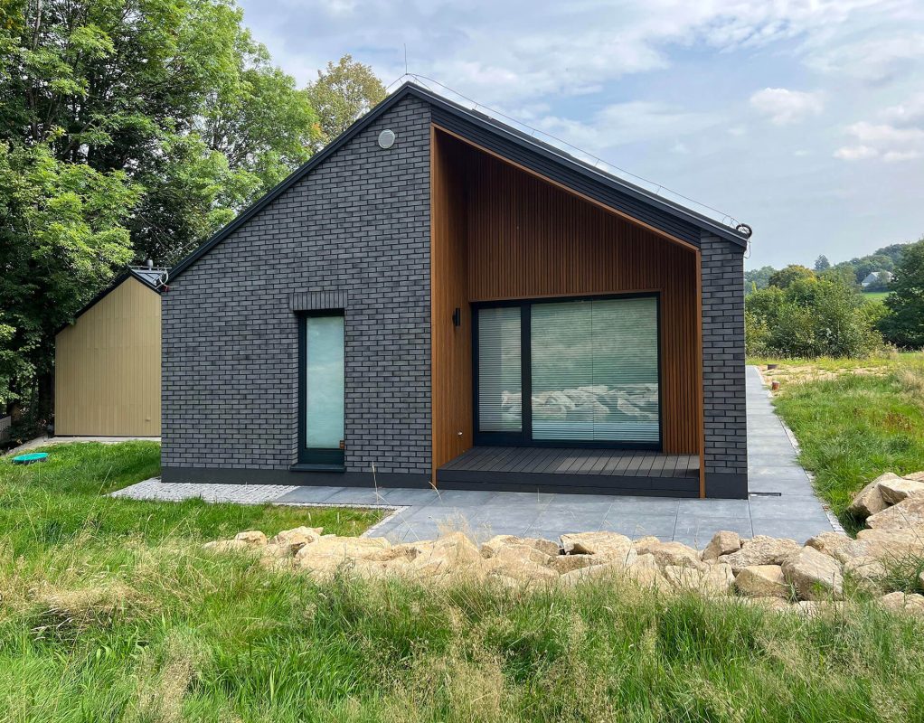 Amber 3D composite slats on building facade