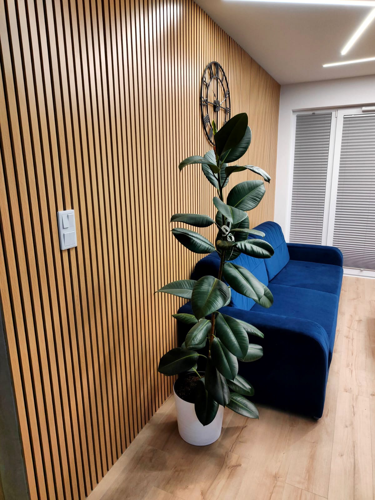 Living Room interior design - acoustic lamella wall panels Light Oak