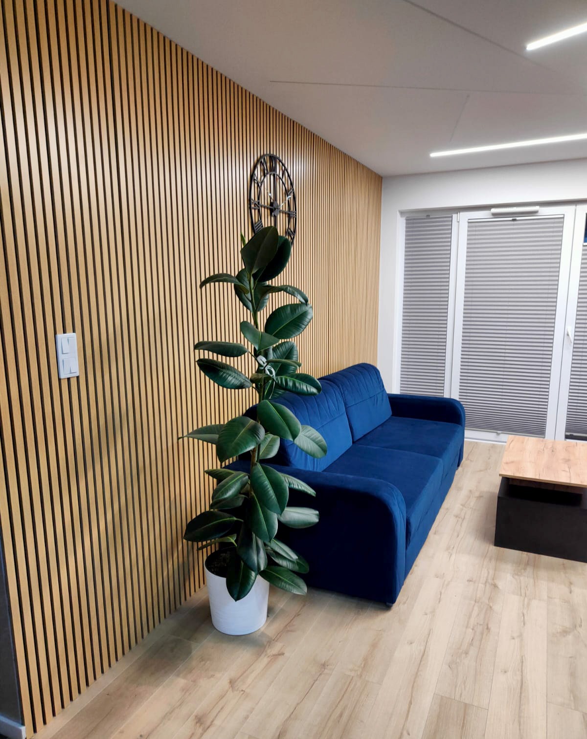 Living Room interior design - acoustic lamella wall panels Light Oak