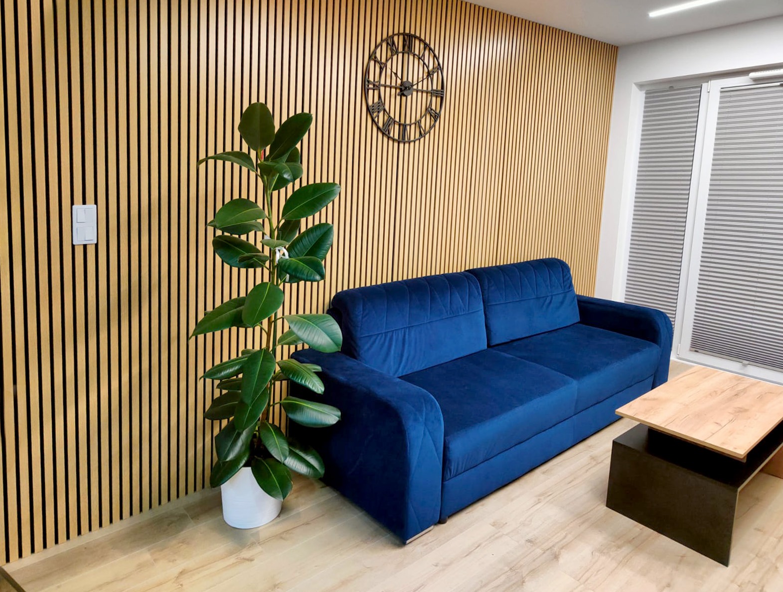 Living Room interior design - acoustic lamella wall panels Light Oak