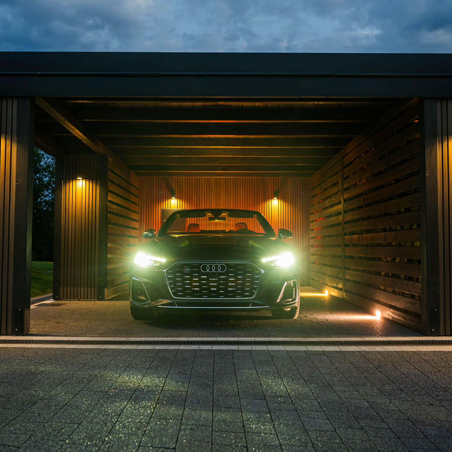 Premium Antique Oak slatted cladding boards - a modern and elegant carport