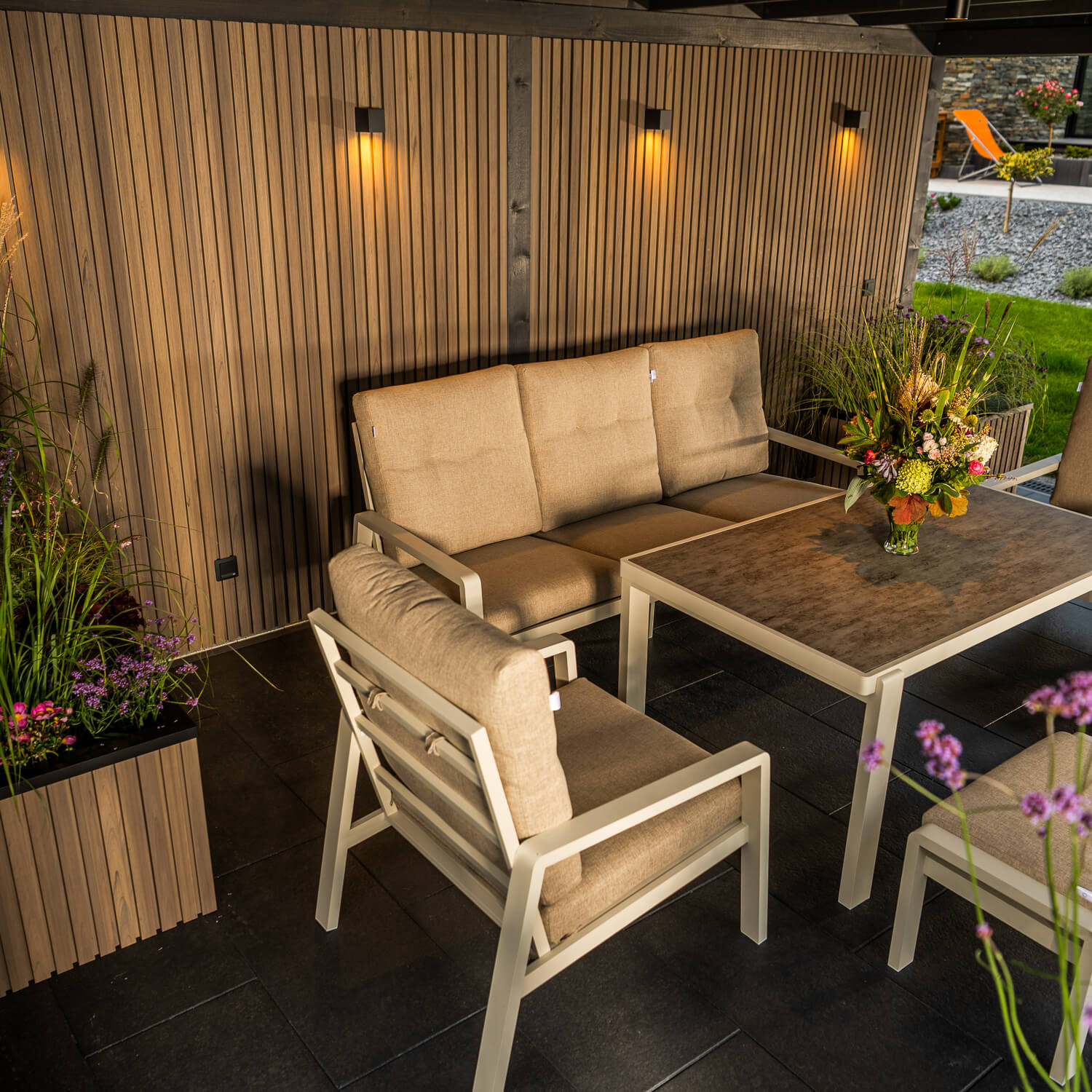 Roofed gazebo featuring Premium Slatted Cladding Boards in Antique Oak