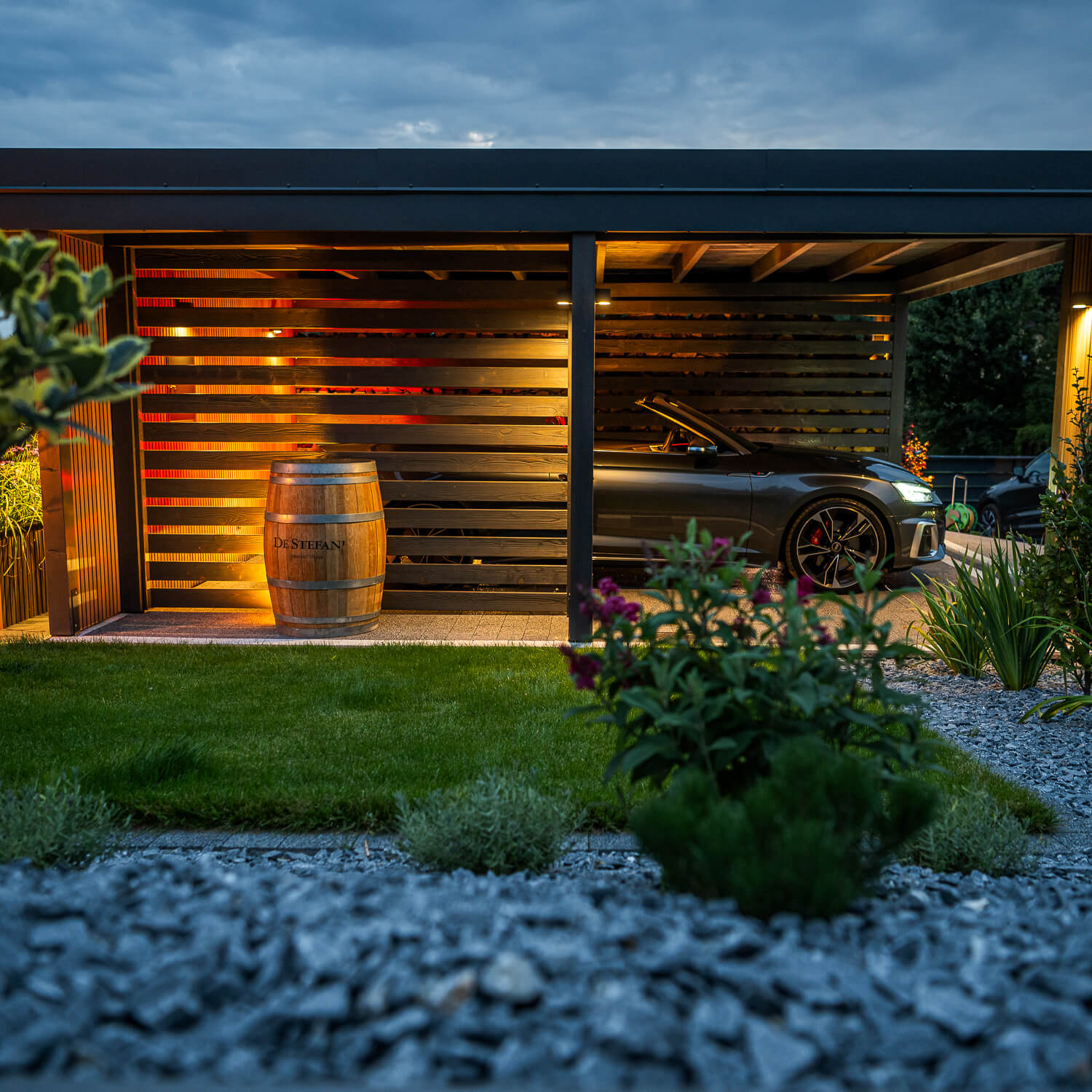 Premium Antique Oak slatted cladding boards - a modern and elegant carport