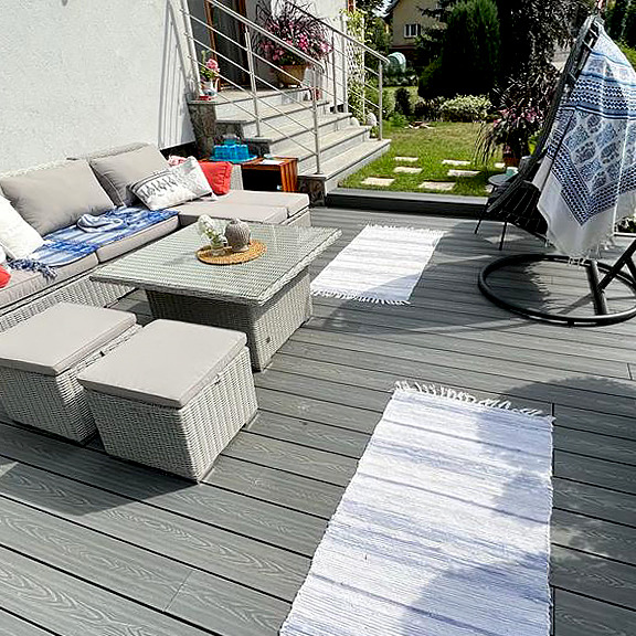 3D composite decking terrace in a gray shade