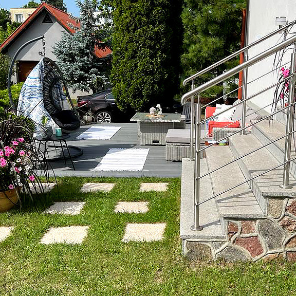 3D composite decking terrace in a gray shade