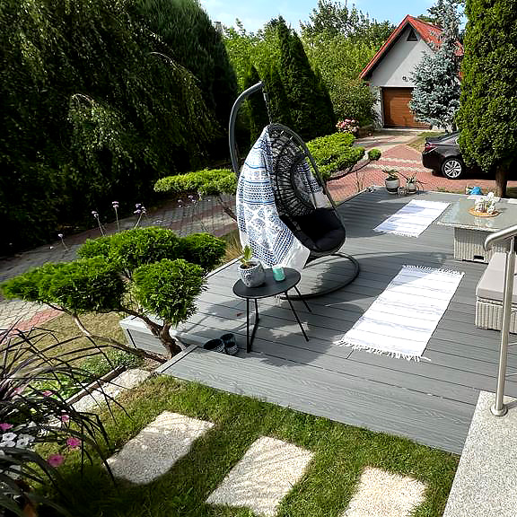 3D composite decking terrace in a gray shade