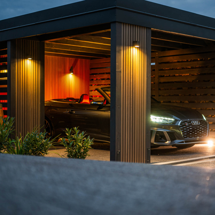 Elegant carport enclosure – Premium Antique Oak composite slatted boards