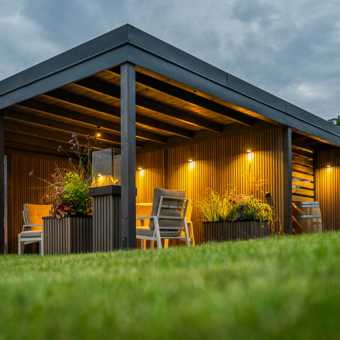 Roofed gazebo featuring Premium Slatted Cladding Boards in Antique Oak